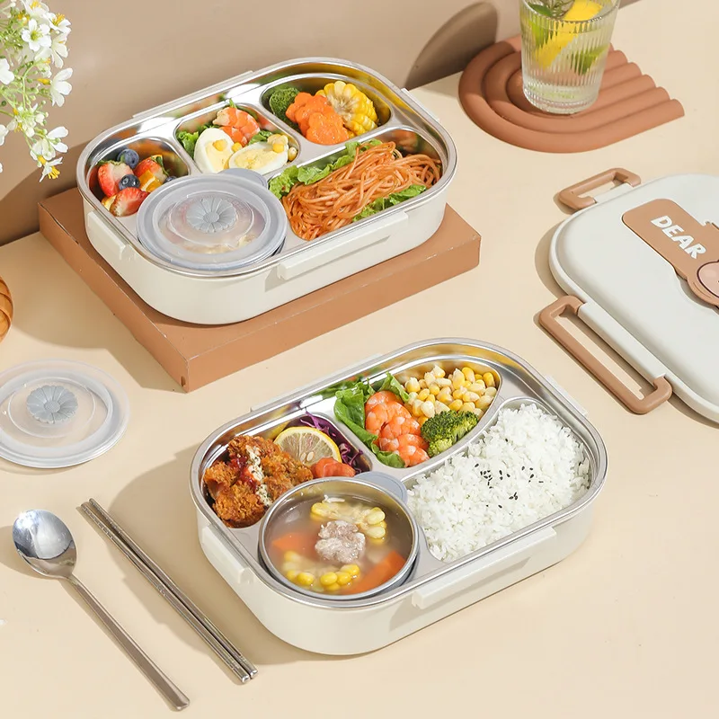 304 Stainless Steel Lunch Box Cute Bear School Students Sealed Bento Box with Bag Microwavable Insulated Food Storage Containers