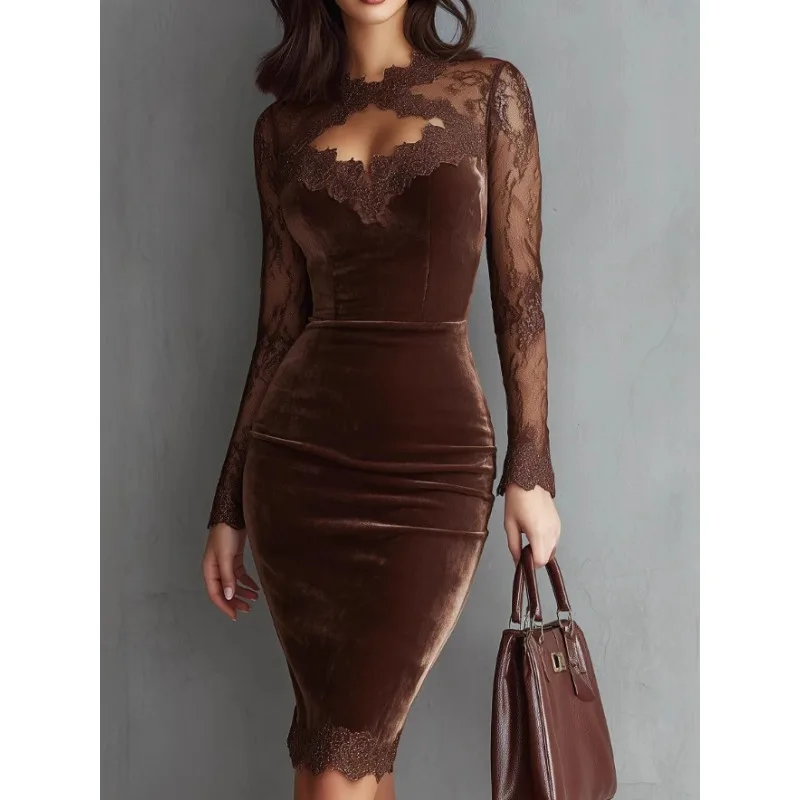 Lente Herfst Dames Fluwelen Midi-jurken Kant Mesh Patchwork Lange mouwen Bodycon V-hals Retro Westerse Cowgirl-stijl Feestjurk