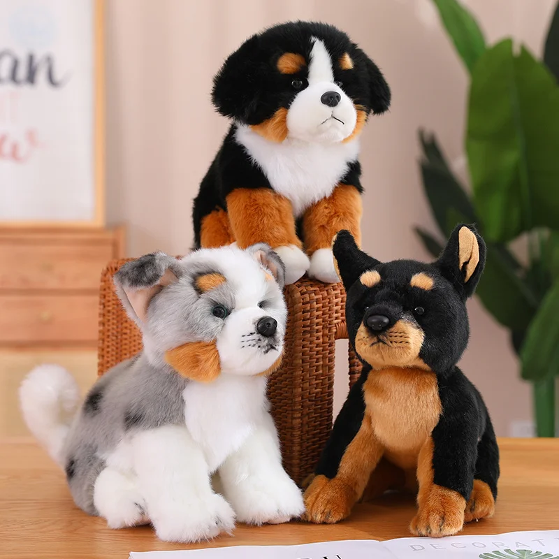 Juguete de peluche de simulación de perro esponjoso, Animal de peluche de la vida Real, cachorro, dingos, Doberman, peluches de montaña de bernar, muñeca suave para niños