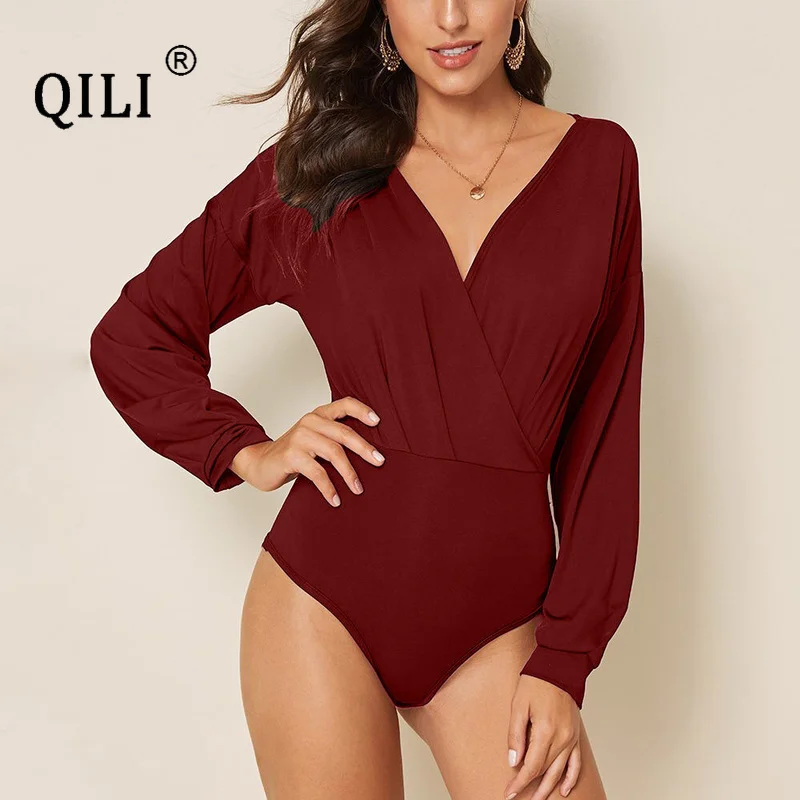 QILI-Women's Long Sleeve V Neck Pleated Bodysuits, Black, Burgundy, Sexy Jumpsuit, Autumn