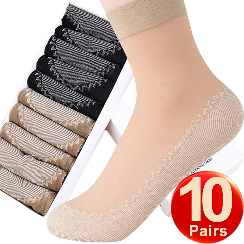 10Pais=20Pcs Summer Women Velvet Silk Socks Bottom Non-Slip Short Sock Transparent Ultrathin Breathable Lace Ladies Ankle Sock