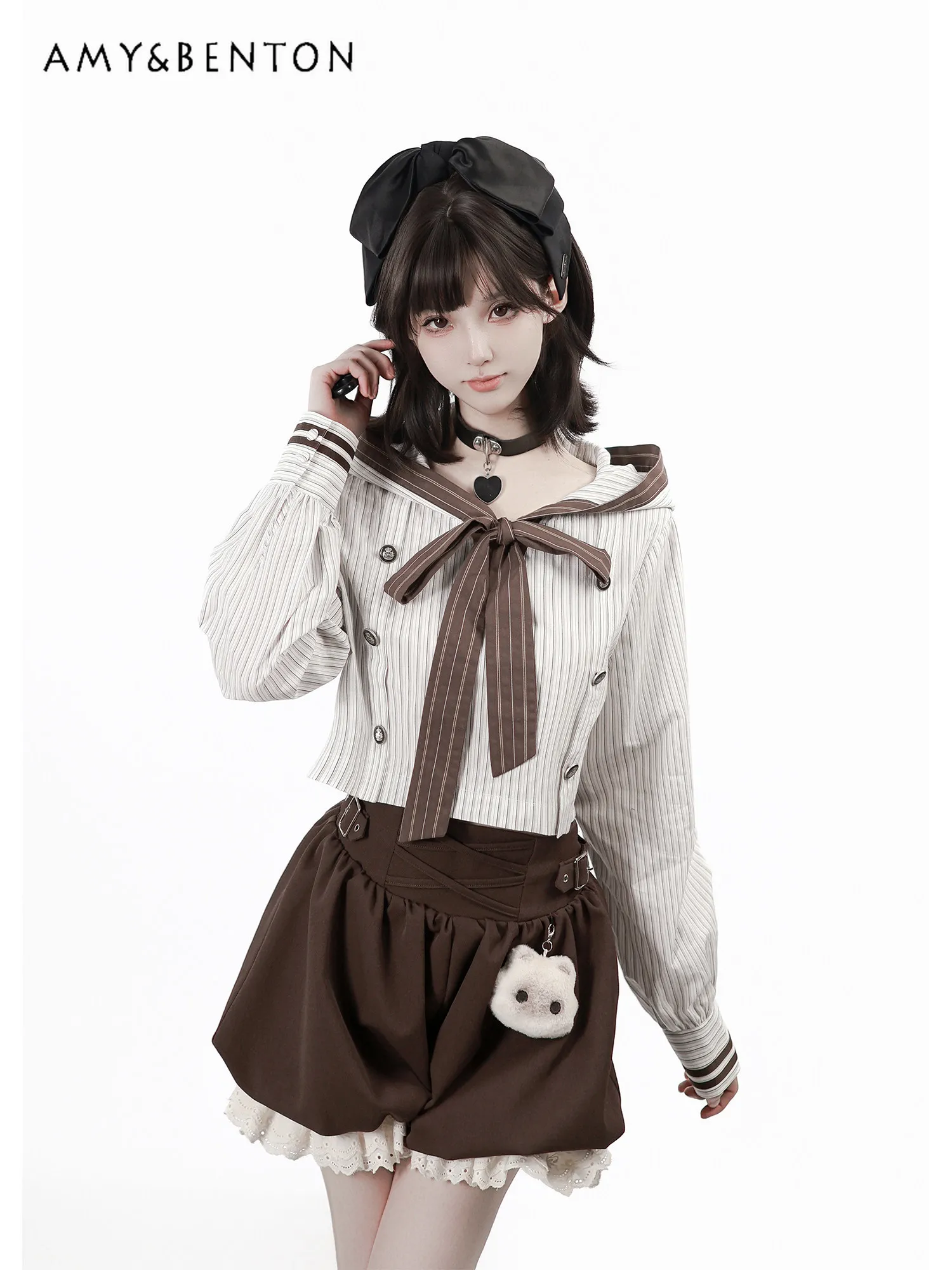 

Spring and Summer New Japanese College Style Women's Short Bud Skirt Versatile Striped Long-sleeved Shirt Red Knitted Sling