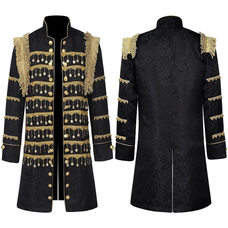 

2025 Medieval Jacquard Fabric Tassel Bell Court Jacket for Men, Black White Bar Singer Mid-Length Men's Stage Performance Dress