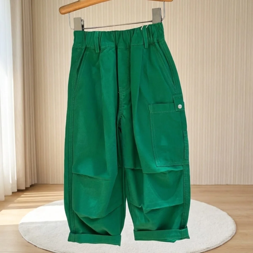 

SeasonSea Children Korean Style Loose Pants Green Cargo Trousers for Boys Girls Spring Casual Cotton Bottoms with Pockets