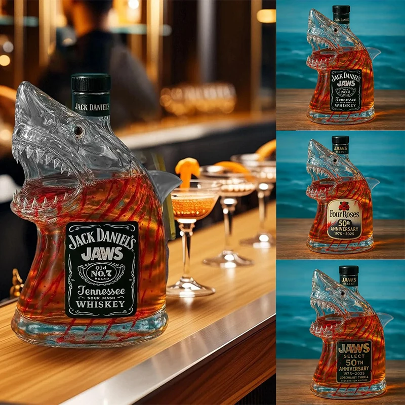 2025 Estatua de tiburón Botella de vino, decantador Decoración de vino para bar, oficina, botella de whisky animal para el hogar Copa de tiburón grabada en 3D 320 ml