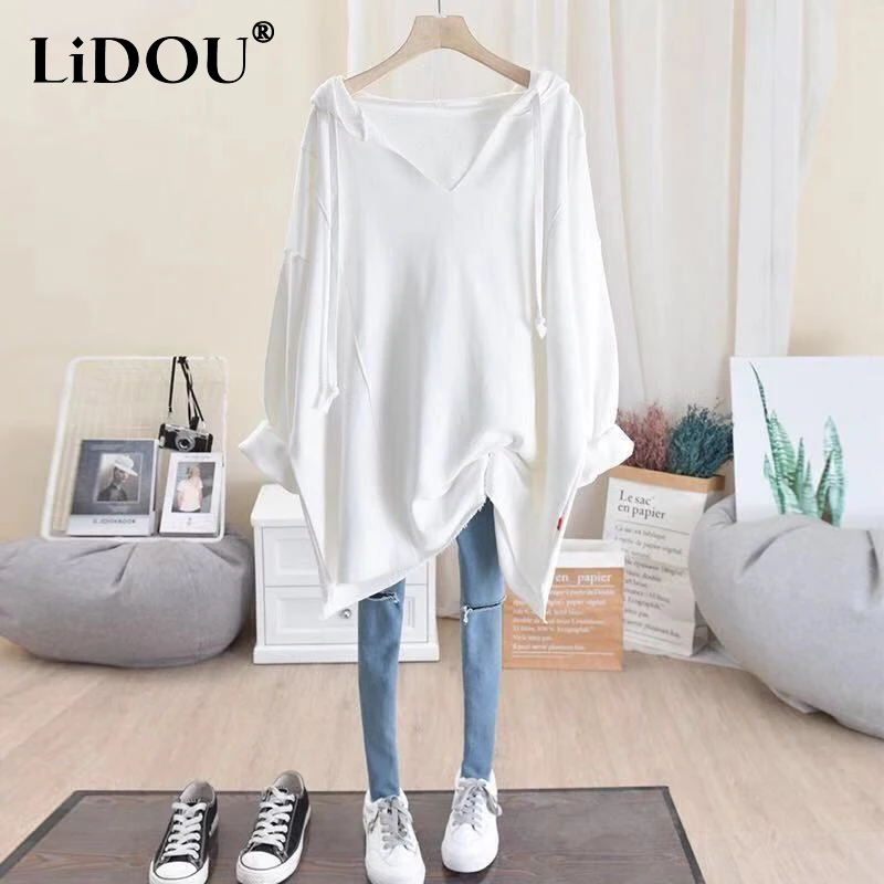 Sweatshirts de manga comprida monocromática feminina, capuz solto, cordão, pulôveres que tudo combina, moda High Street, fofo, primavera, outono