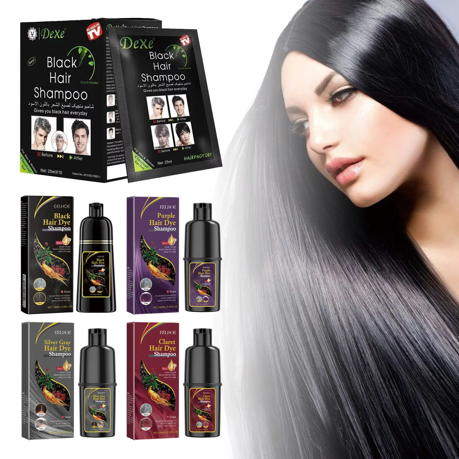 EELHOE 5 Colors Hair Dyeing Shampoo 3in1 Rapid Hair Dyeing Repair Dry Cleaning Nourishing Hair Roots Restoration Coloring Black