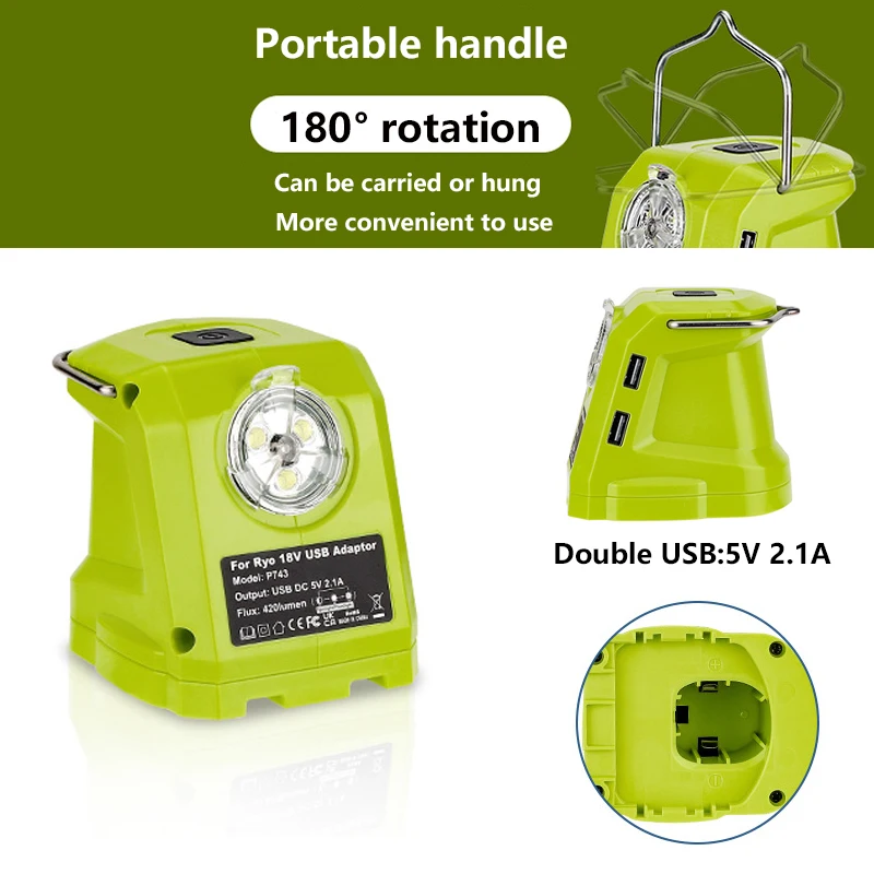 

Светодиодный рабочий фонарь, портативный фонарик для аккумулятора RYOBI 18 В, уличная лампа для кемпинга с ручкой, двойной USB-адаптер, аварийное освещение