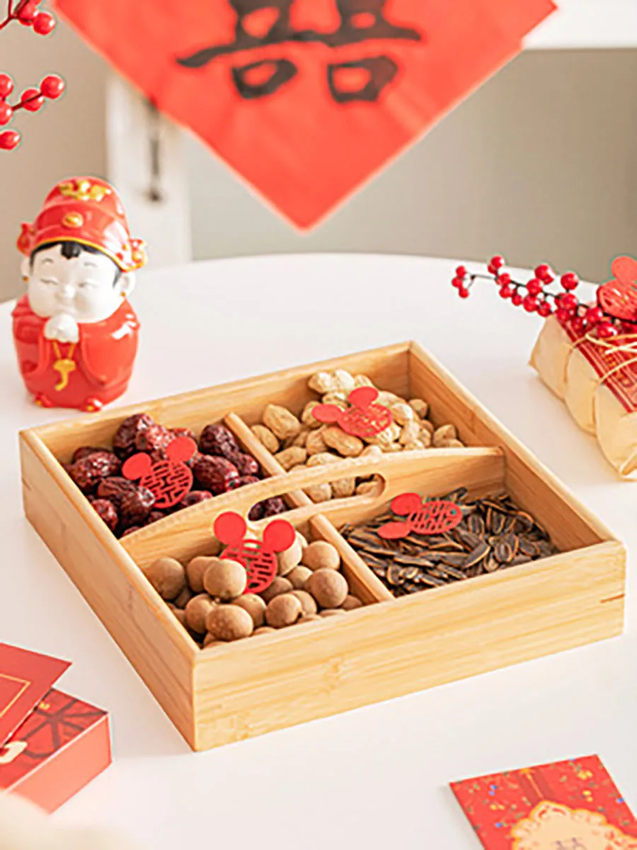 Bamboo Nut and Candy Serving Tray, Party Appetizer Platter, Veggie Dish, Candy Bowl for Chinese Red Wedding Party Supply Gifts