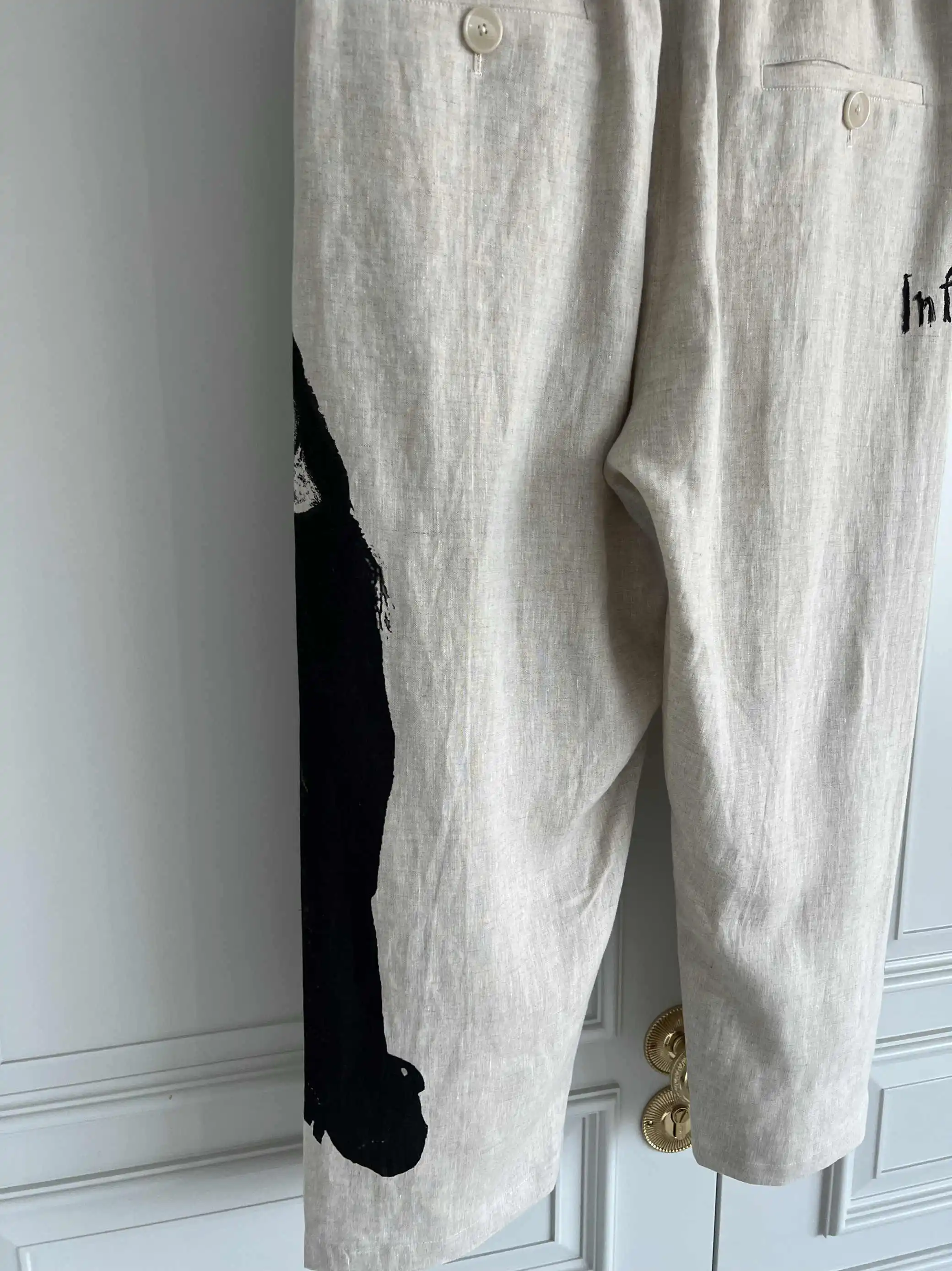 TOP-YAMAMOTO original design linen print pattern lace-up casual pants, a niche Japanese style loose long pants