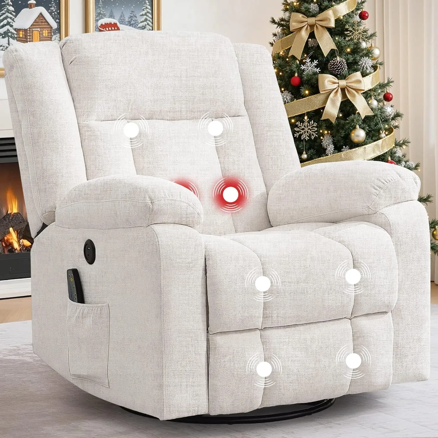 360 ° Sillón Reclinable Giratorio con Masaje, Calor, USB y Almacenamiento para Sala de Estar, Dormitorio, Cuarto de Niños, Personalizado