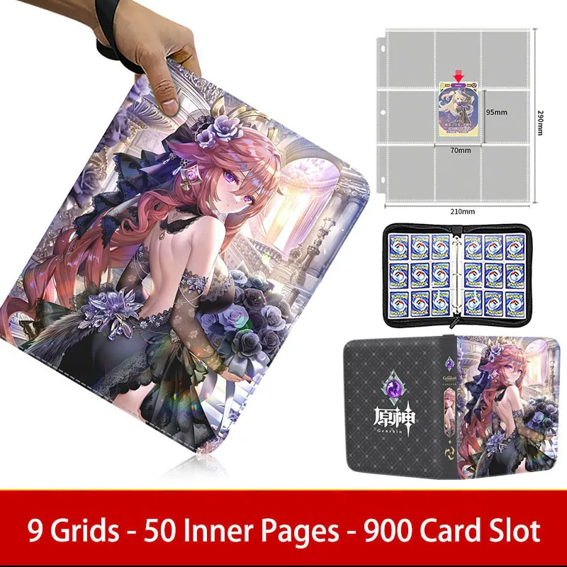 900Pcs Zipper Genshin Impact Card Binder Collection Double Pocket Anime Games Playing Trading Cards Album Holder Book Folder