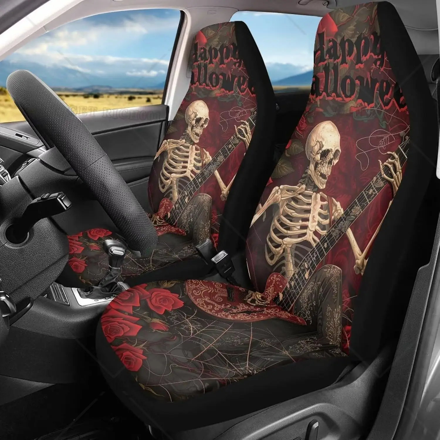 Guitar Skeleton Car Seat Cover Set Front Seat Cushion Covers Mat Protector 2PCS Car Seat Accessories Protect Decor