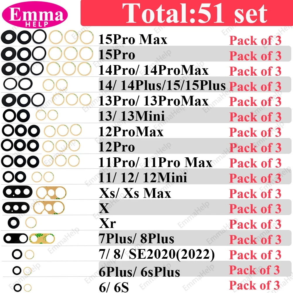 EmmaHelp 170 Set bis 34set Rückfahrkamera Glas für iPhone 13 Pro Max 12 15 14 8 Plus XS XR 11 Rückkamera Objektiv Ersatz Großhandel 7