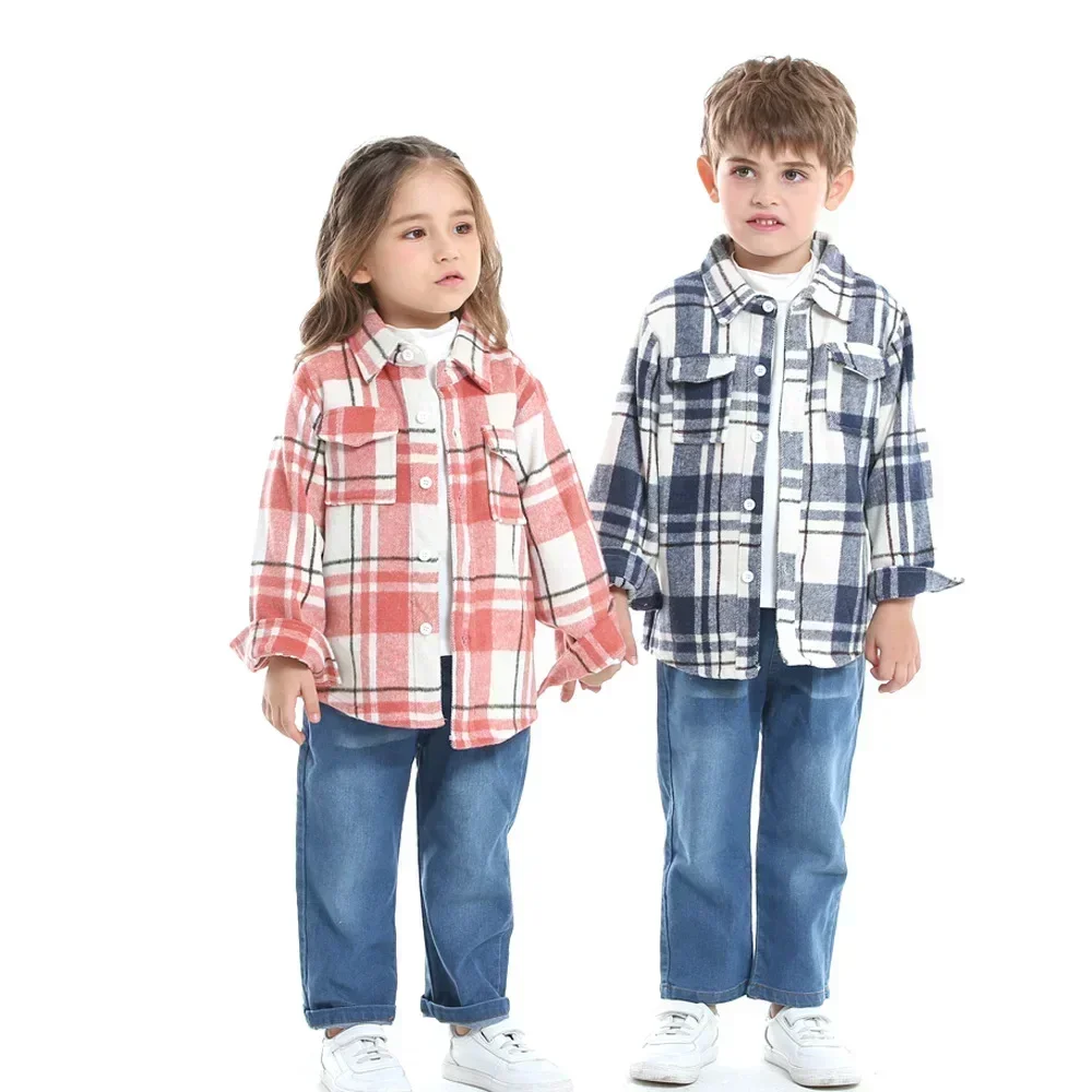 Children\'s Autumn Plaid Long Sleeved Shirt Brother & Sister Shirt Cotton College Style Thickened Shirt Boys Shirts Girls Blouse