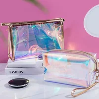 Bolsa de cosméticos transparente impermeable de PVC, neceser de maquillaje, organizador para mujeres y niñas, estuche de belleza con cremallera de Color láser