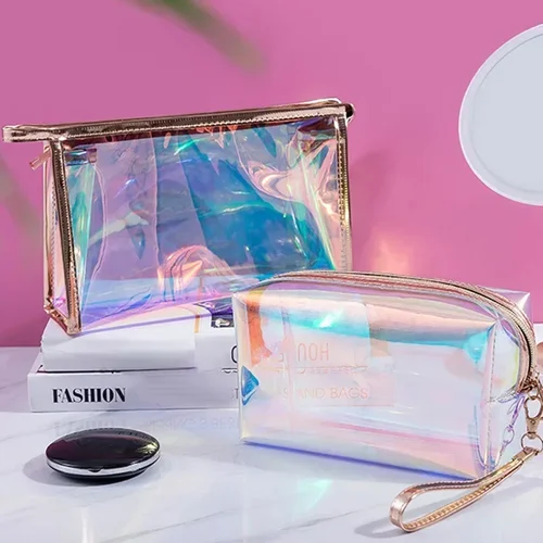 Imagen 1 del producto Bolsa de cosméticos transparente impermeable de PVC, neceser de maquillaje, organizador para mujeres y niñas, estuche de belleza con cremallera de Color láser