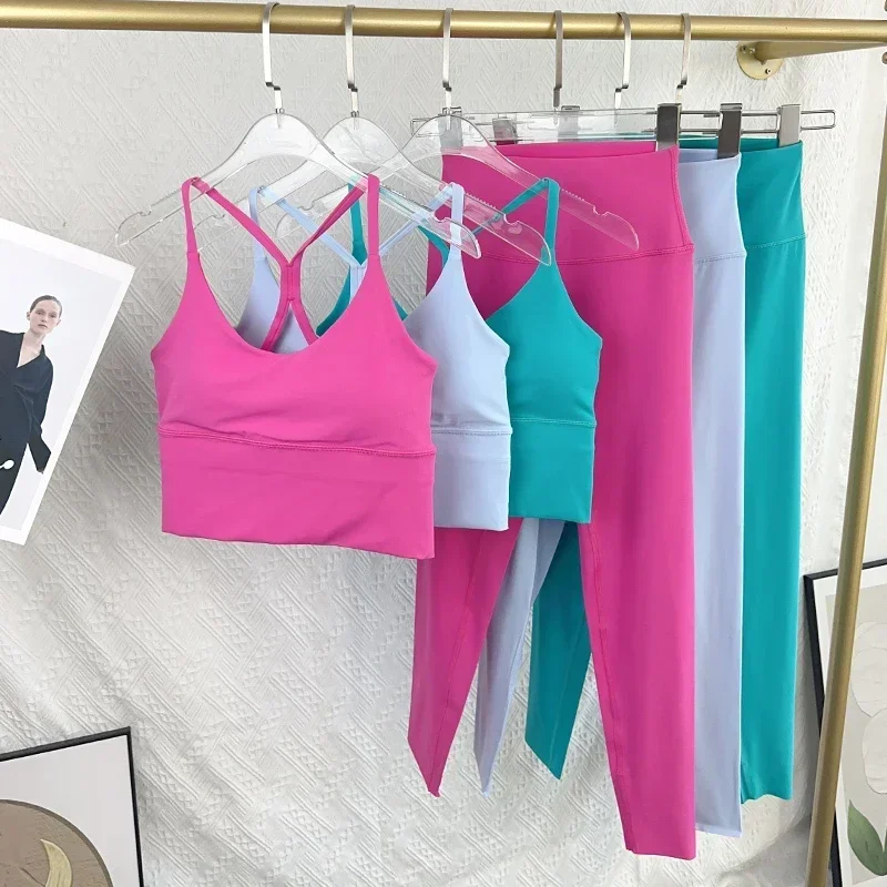 2-teiliges Yoga-Set, sexy Leggings mit überkreuztem Rücken und hoher Taille und elastischem Oberteil, Fitness-Sportbekleidung für Laufsportbekleidung