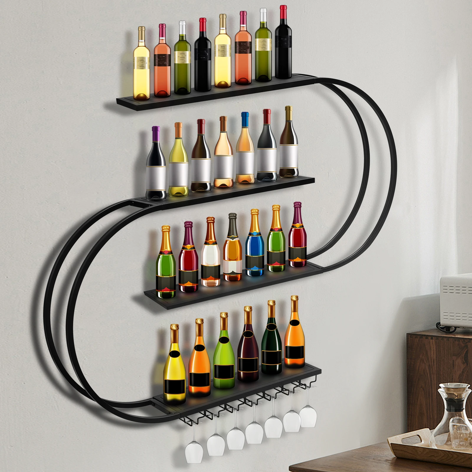 

Геометрический винный шкаф с LED-подсветкой, настенный стеллаж для хранения вина и кофе, большой вместимости, для декора баров