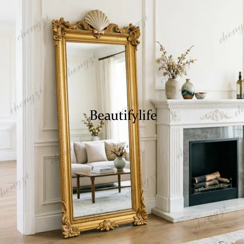 European retro shell decorative full-length mirror high-end carved floor-to-ceiling full-length mirror living room