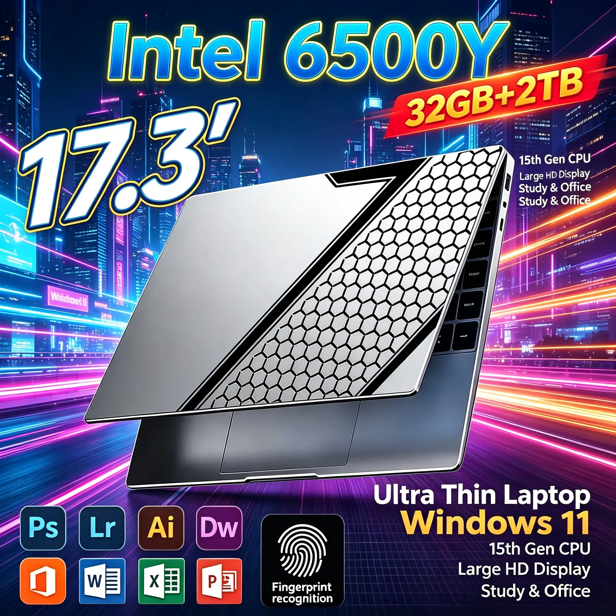 New 17.3'' Inch Large Display Notebook Intel 6500Y 32GB RAM 1TB/2TB SSD Win11 WiFi6 BT5.2 Backlit Keyboard Portable Study Laptop