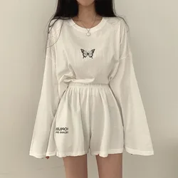 Summer Women Two Pieces Sets Long Sleeve T-Shirt+Shorts Butterfly Print Tracksuit Korean Fashion Ladies Casual Loose Outfits