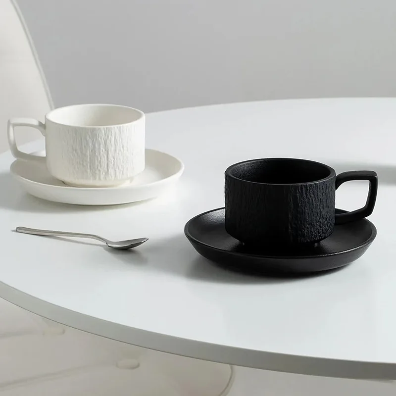 Solid Color Black and White Ceramic Cup and Plate Set Coffee Milk Mugs Rock Patterned Cup