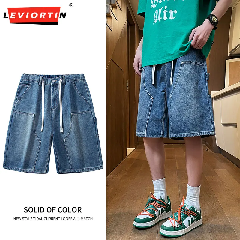 남성용 아메리칸 스타일 멀티 포켓 작업복 데님 반바지, 신축성 드로스트링 허리, 느슨한 스트레이트 레그 5 바지