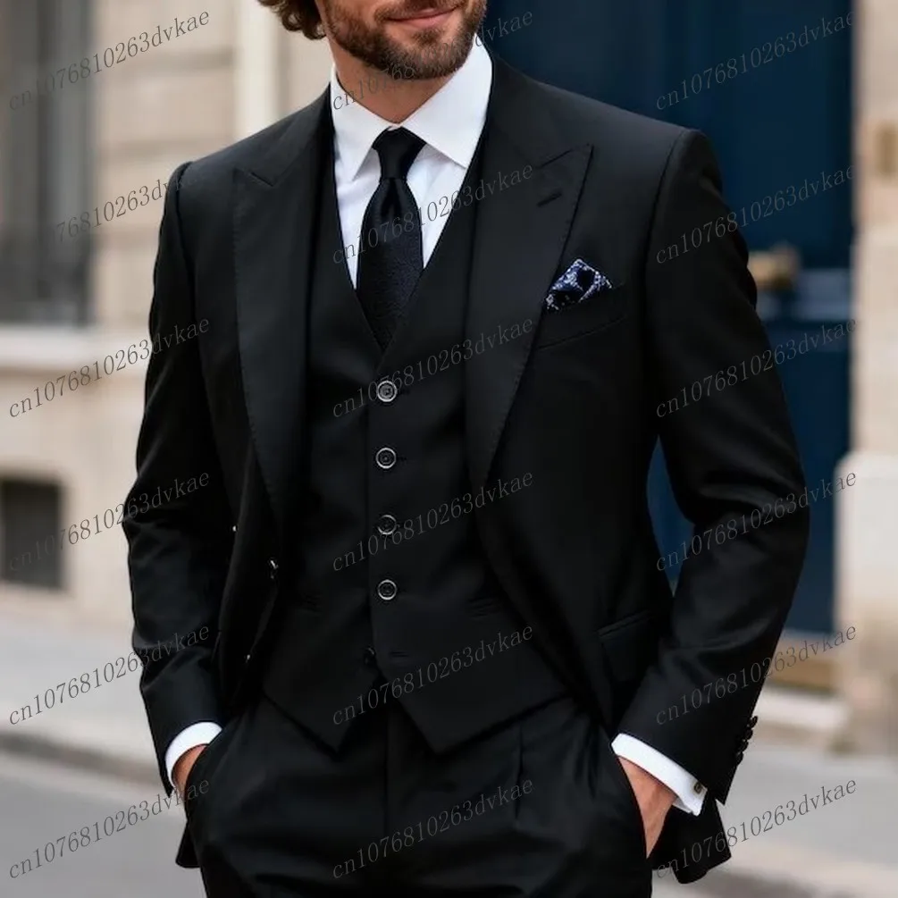 

Новый черный мужской костюм для свадебной вечеринки, жениха, жениха, выпускного вечера, деловые мужские смокинги по индивидуальному заказу, комплект из 3 предметов, куртка, жилет, брюки