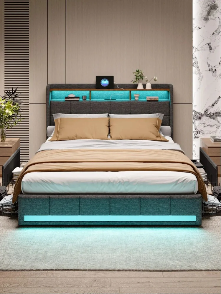 Roshanda Modernes Doppelbett, gepolstertes Bett, 140/160/180x200CM, mit 4 Schubladen, Stauraumbetten, Jugendbett, Rückenlehne, Bettgestell, Leinen, Grau/Beige