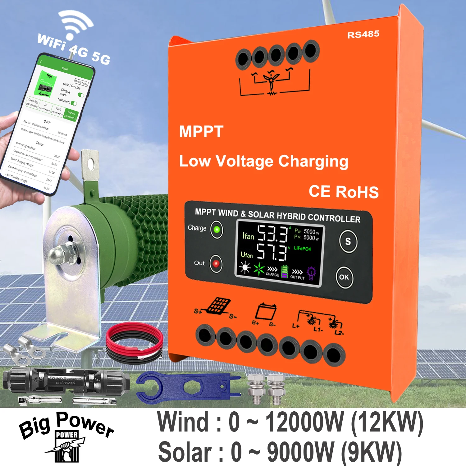 3000W~12000W 6000W12V 24V 48V Hybrid Wind Controller MPPT Board Solar Panel Charger LCD Display For Lifepo4 Lithium All Battery