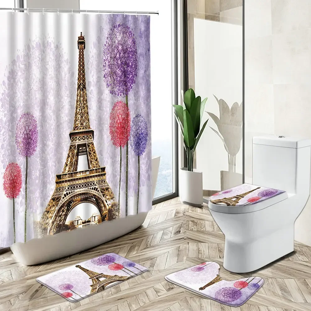 Tower Shower Curtain Purple Lavender Flowers Paris Famous Architectural Art Home Decor Bath Mat Toilet Cover Bathroom Carpet Set