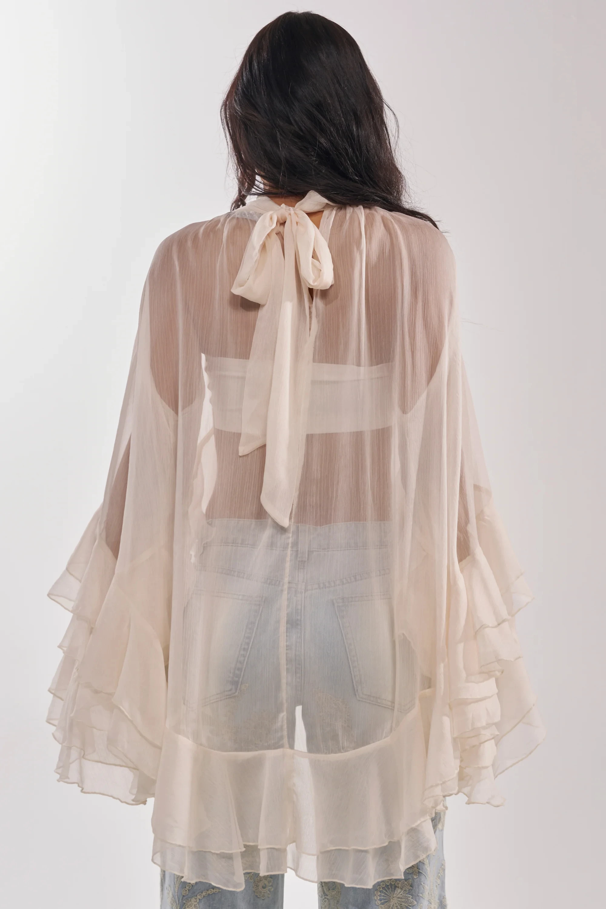 Damen Transparentes Mesh Crop Top mit Hohem Kragen und Gestuften Rüschenärmeln - Elegante Party-Bluse für Frauen Durchsichtige Mesh-Tops