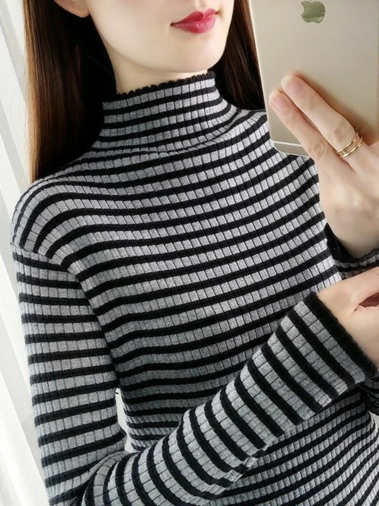 

Женский полосатый вязаный базовый свитер больших размеров, осень-зима, новый облегающий внутренний свитер с высоким воротником, модный