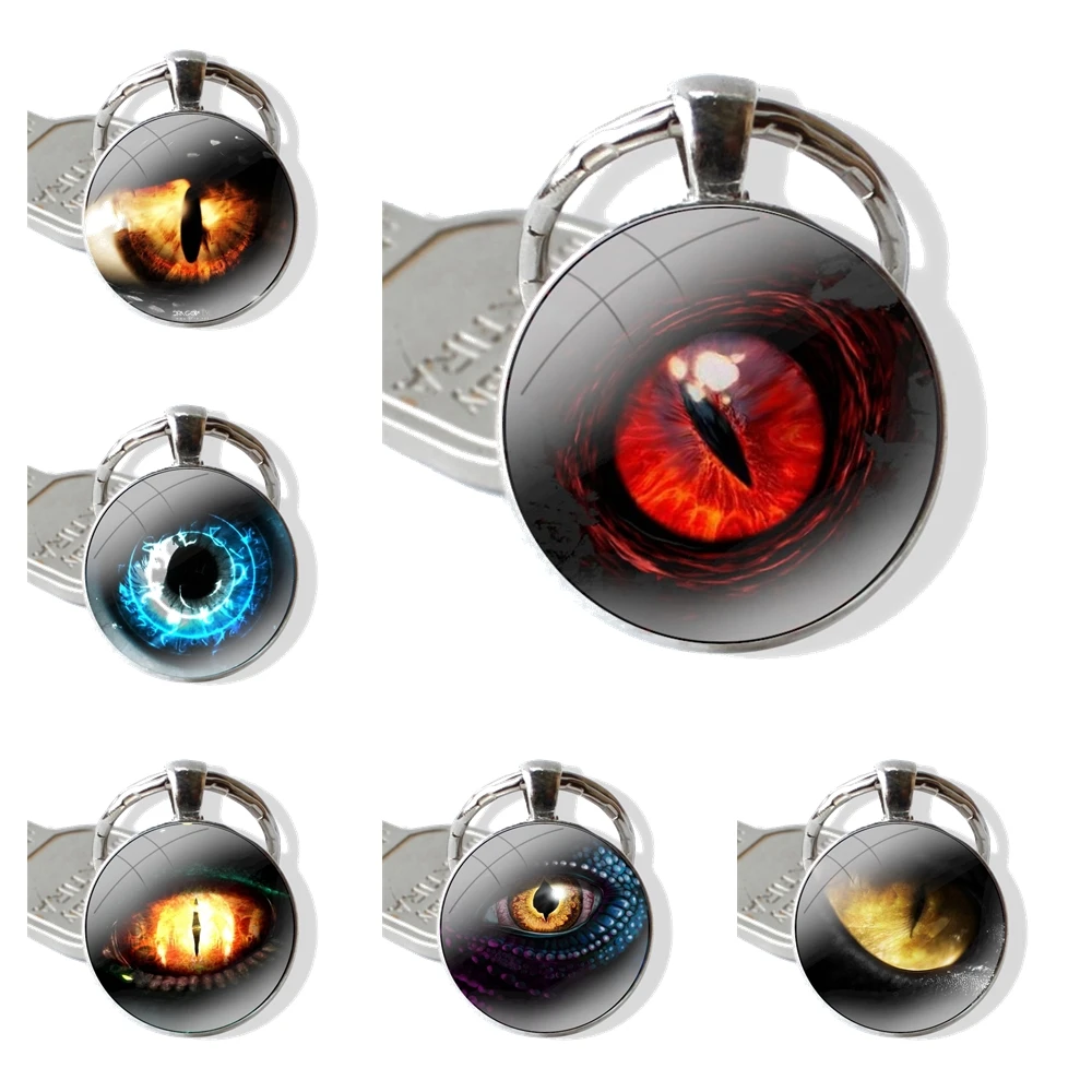 Keychain Handmade Glass Cabochon Key Ring Holder Pendant Key Chains Cool Dragon Evil Eye