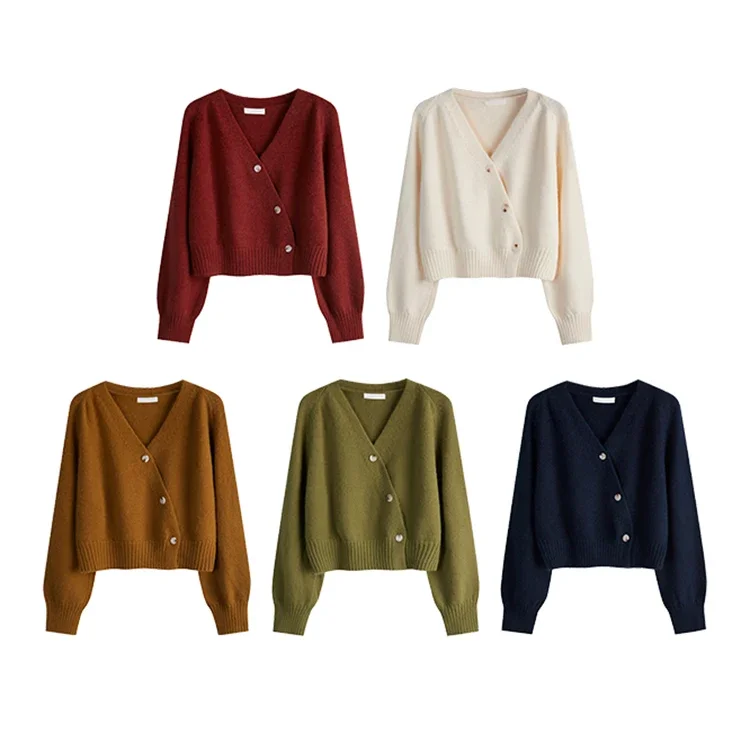 

Korean Cashmere Sweater Women Autumn Winter V Neck Loose Knitted Cardigan Long Sleeve Solid Top Skew Buttons