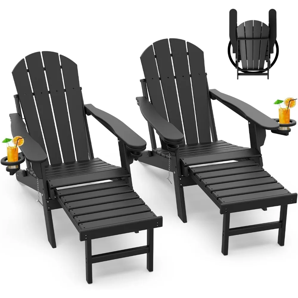 

Chairs-w/-Ottoman | Set of 2 |Folding | Retractable-Footrest | HDPE Plastic|All Weather Fire Pit Chair|Cup Holders,lounge chair