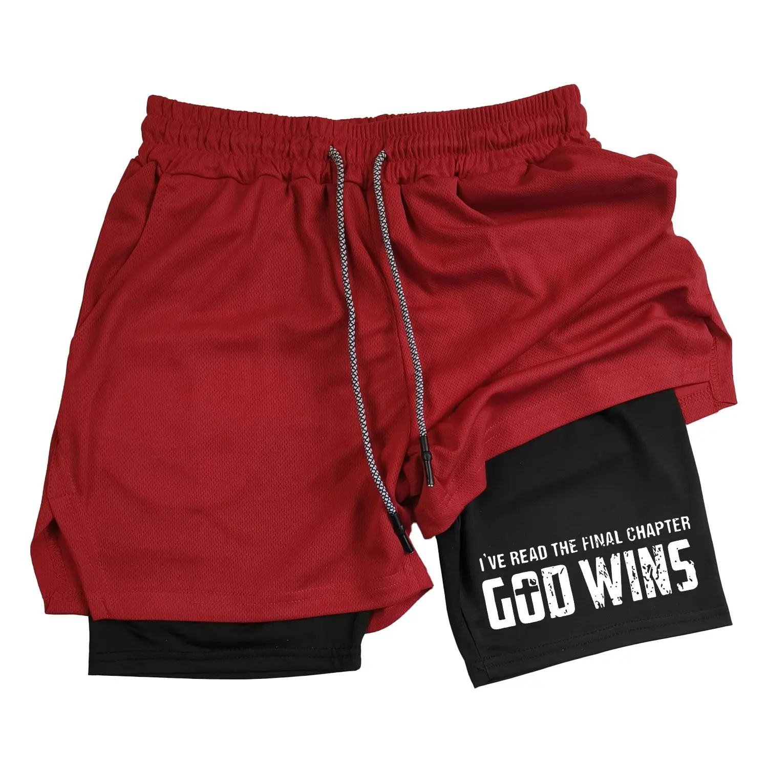 

Men's Double-Layer Quick-Dry Sports Shorts | Soft and breathable fabric, "GOD WINS" faith-themed print design for gym training