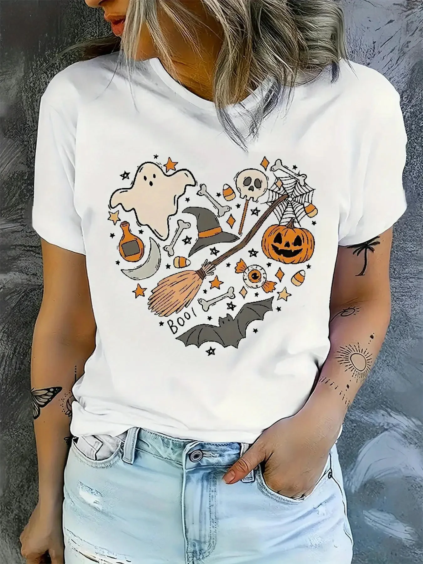 Damen Schwarz Weiß Gothic Ärmel Stil Halloween Kostüm Kleid Rundhalsausschnitt mit Geister Hexen Fledermäuse Kürbisse Totenköpfe für Partys