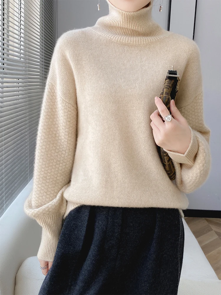 New women\'s sweater in autumn and winter 100% merino wool sweater turtleneck cashmere sweater 7-pin thick warm casual top.