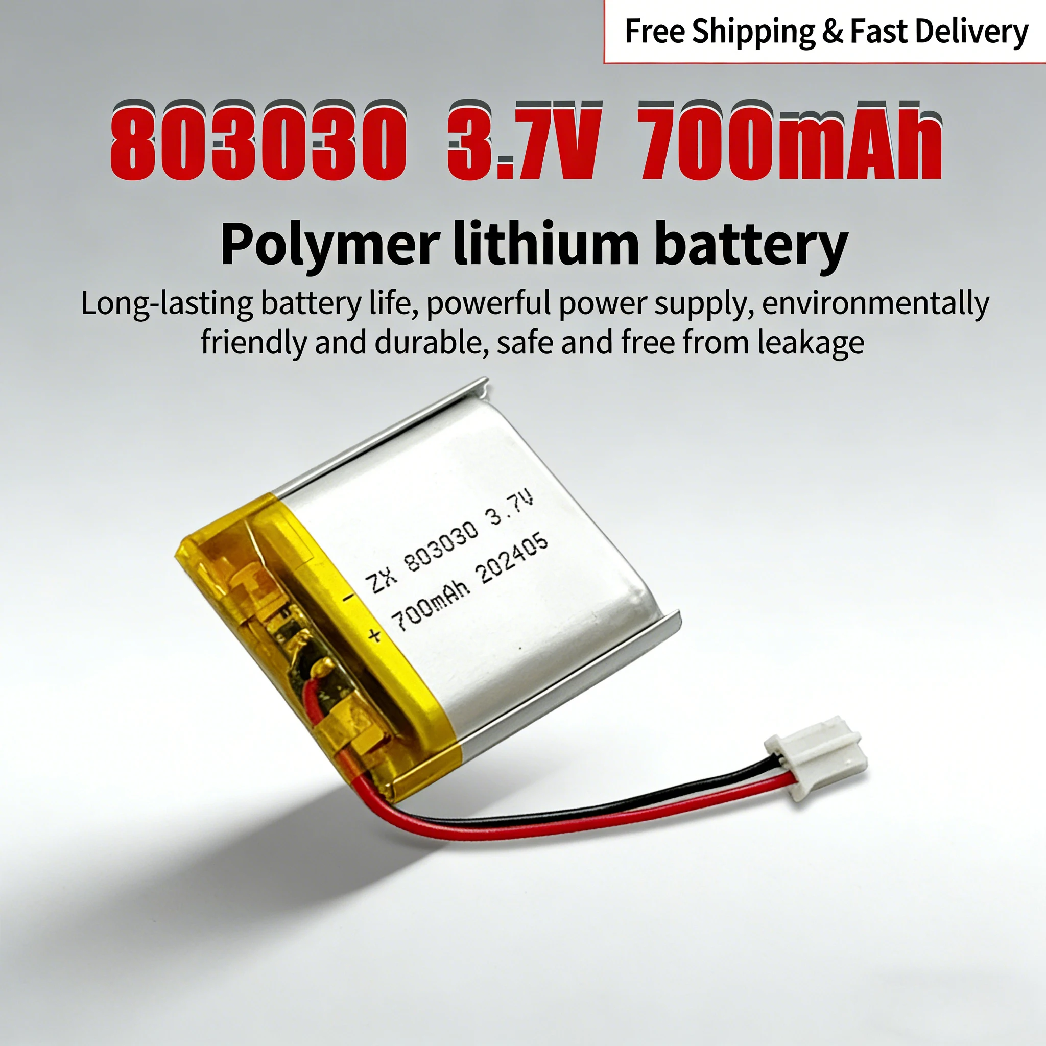 

3.7V 700mAh 803030 Lipo Battery, Rechargeable Lithium Polymer Cell for Bluetooth Speaker, Handheld Fan, MP3, MP4, GPS, LED Light