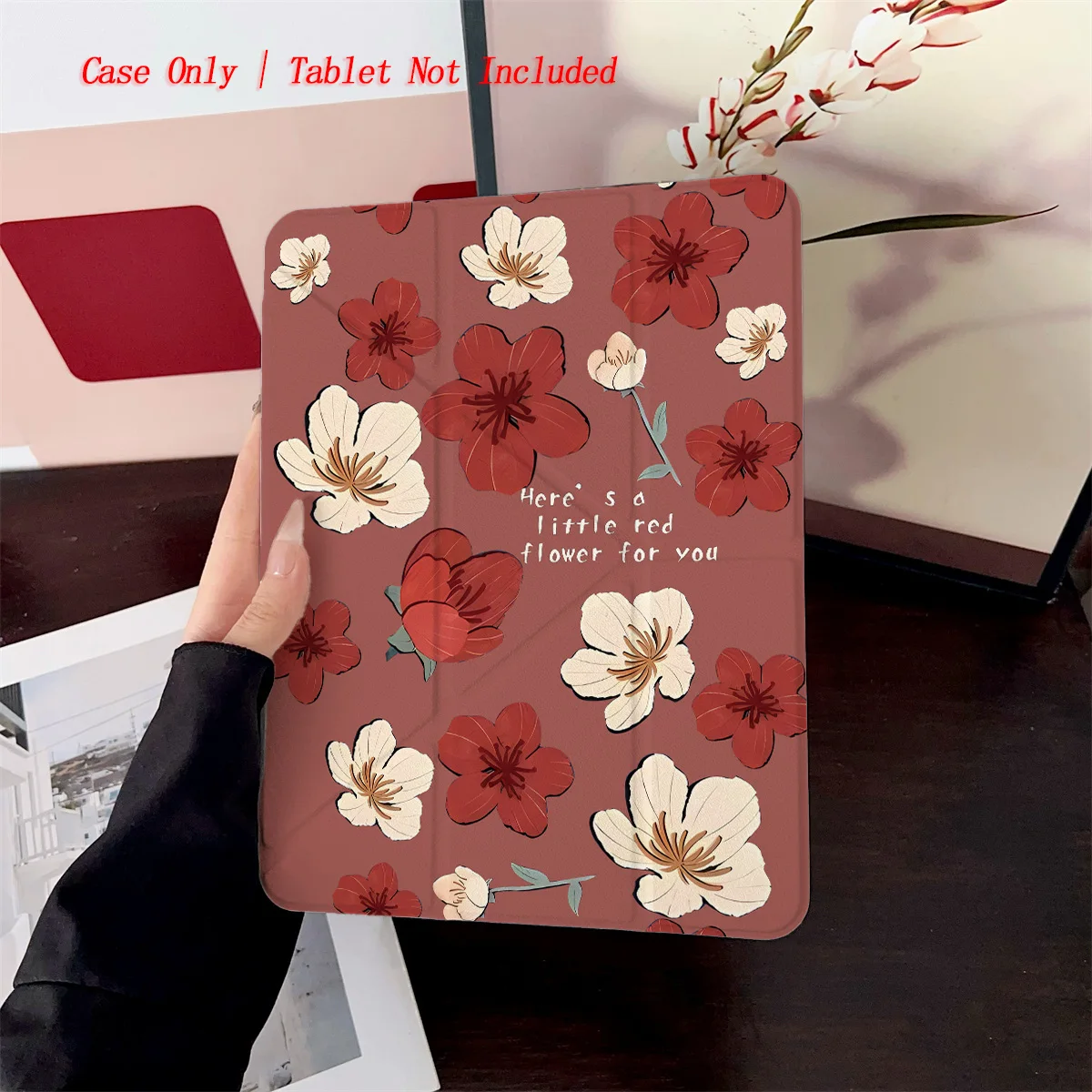 

Cute Y-Fold Acrylic White Flowers & Red Floral Print iPad Case For Apple iPad Pro/Air/Mini Slim Anti-Scratch Cover