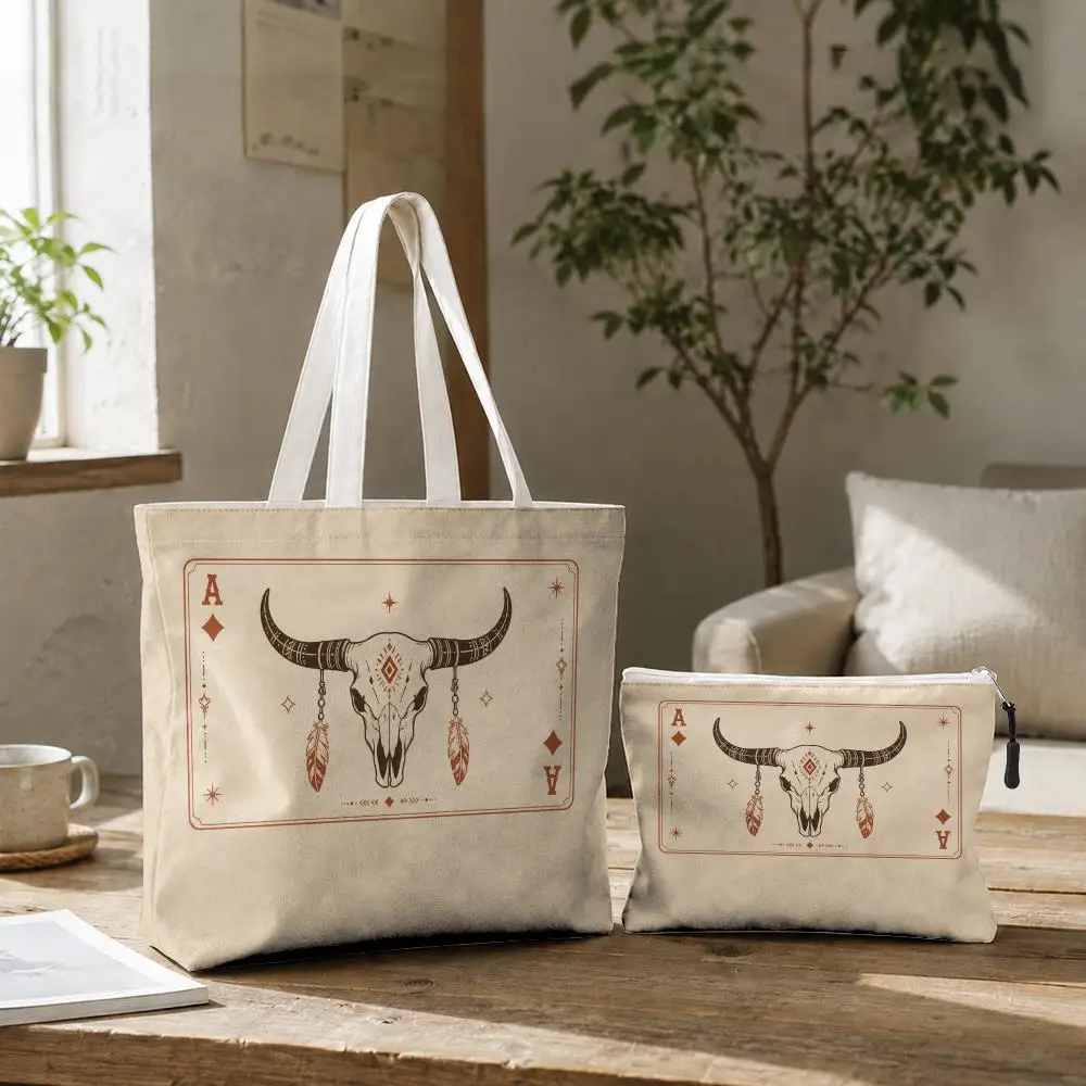 Western Bull Skull Storage Bags 2-Pcs Canvas Tote Bag with Zipper Reusable Tote Bags for Shopping Travel Work Gifts