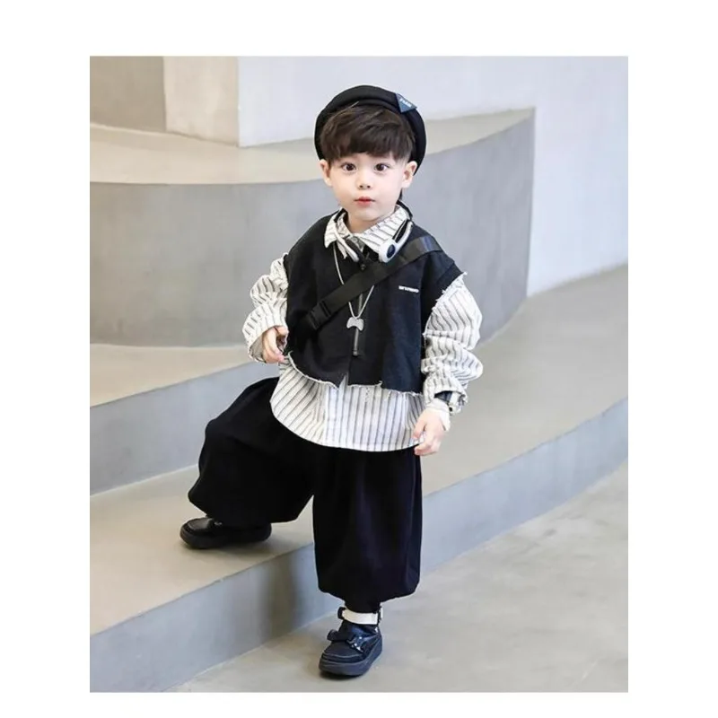 

3 Pcs Set Boys 2024 Spring Autumn New Korean Edition Children's Baby Fashion Handsome Shirt+ Knitted Vest+ Lantern Pants 1-9Y