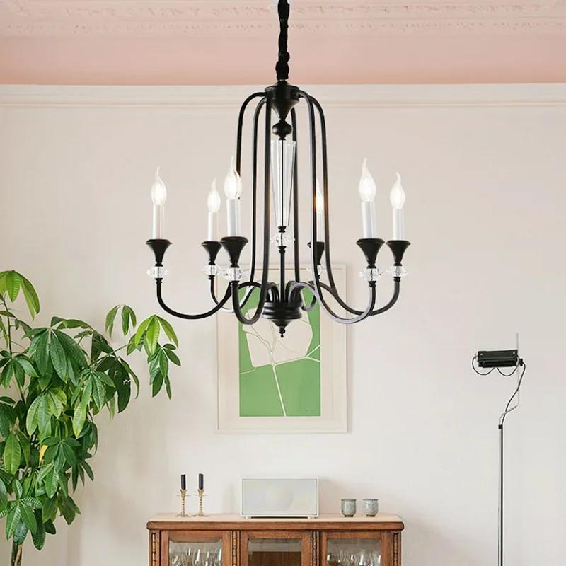 SANDYHA Warm Romantic Retro Candle Chandelier Black Crystal LED Pendant Lamp for Dining Living Room