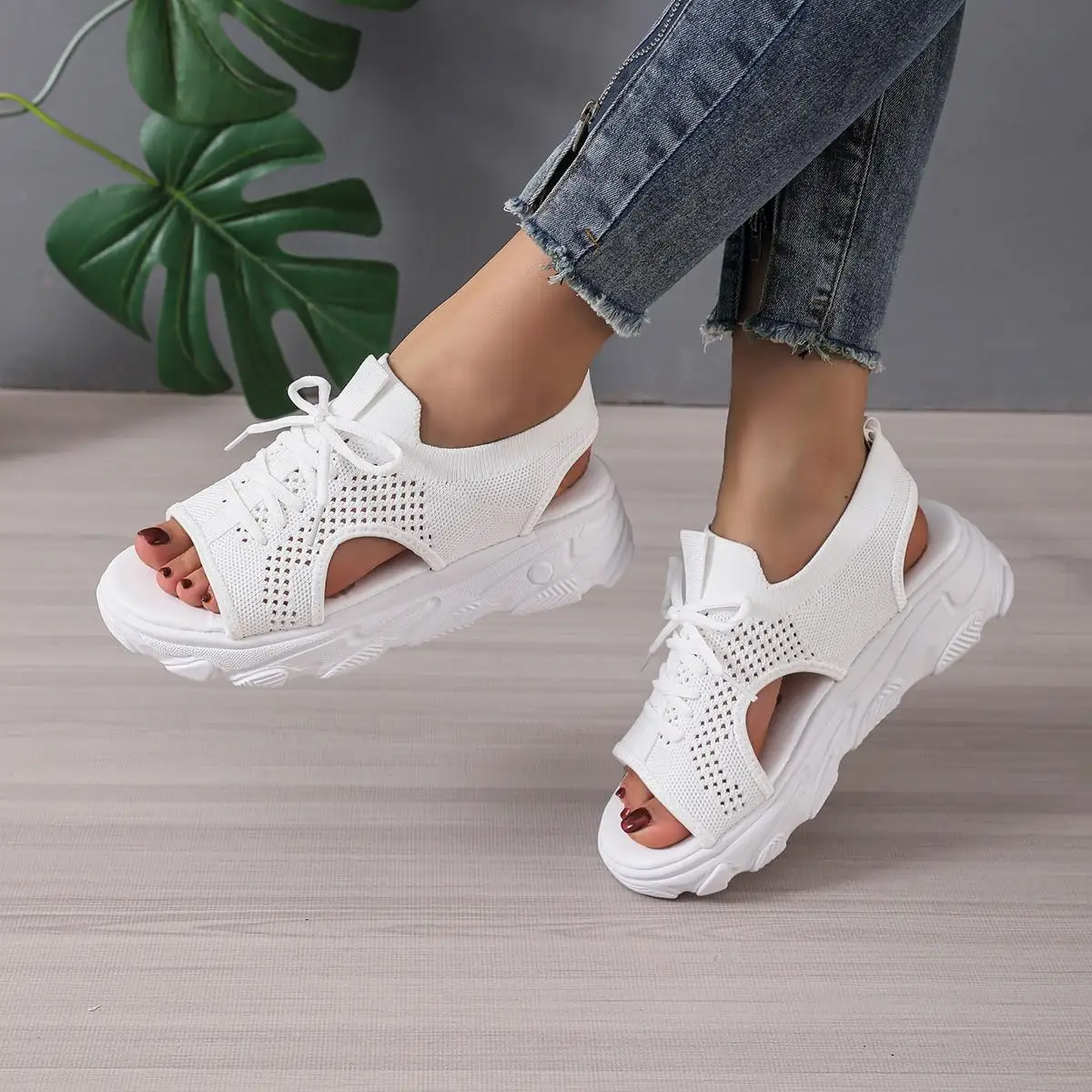 Women\'s Casual Sandals Summer Casual Breathable Mesh Open Toe Lace Up Sports Sandals 2024 New Outdoor Platform Knit Sandals 42