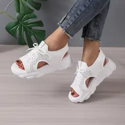 Women's Casual Sandals Summer Casual Breathable Mesh Open Toe Lace Up Sports Sandals 2024 New Outdoor Platform Knit Sandals 42