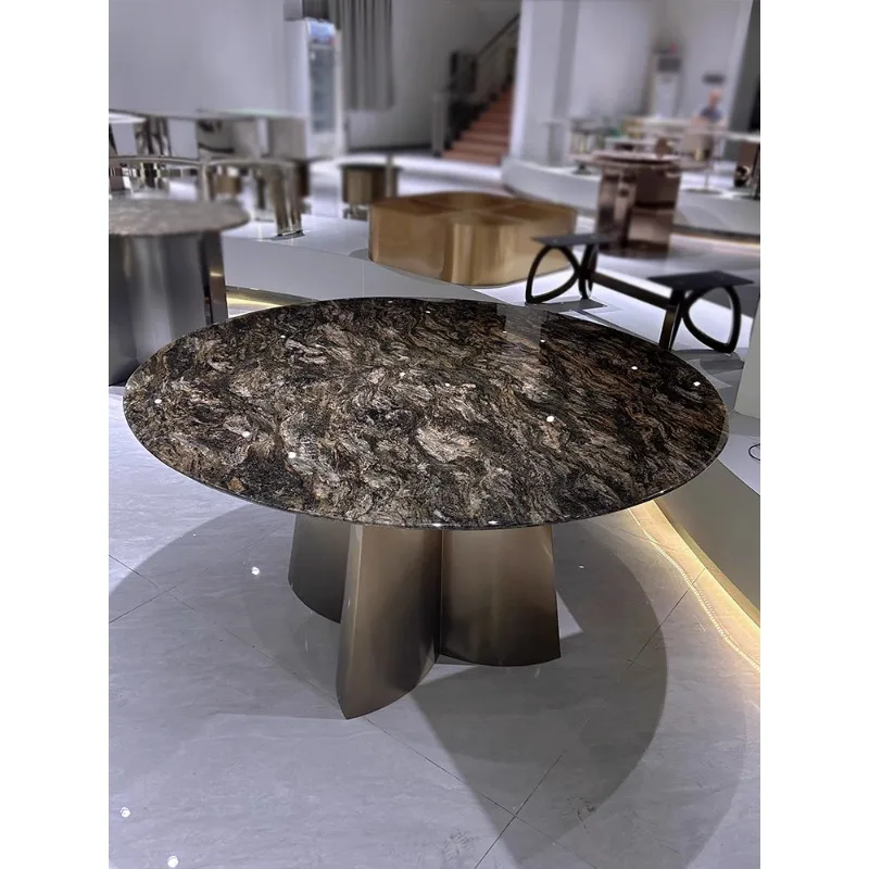 Platinum diamond luxury stone dining table natural marble round table household modern simple light luxury high-end dining table