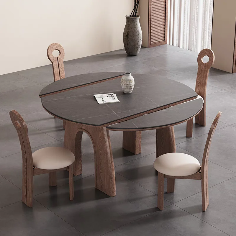 French solid wood folding dining table and chair combination, retractable high-end rock slab medium antique dining table