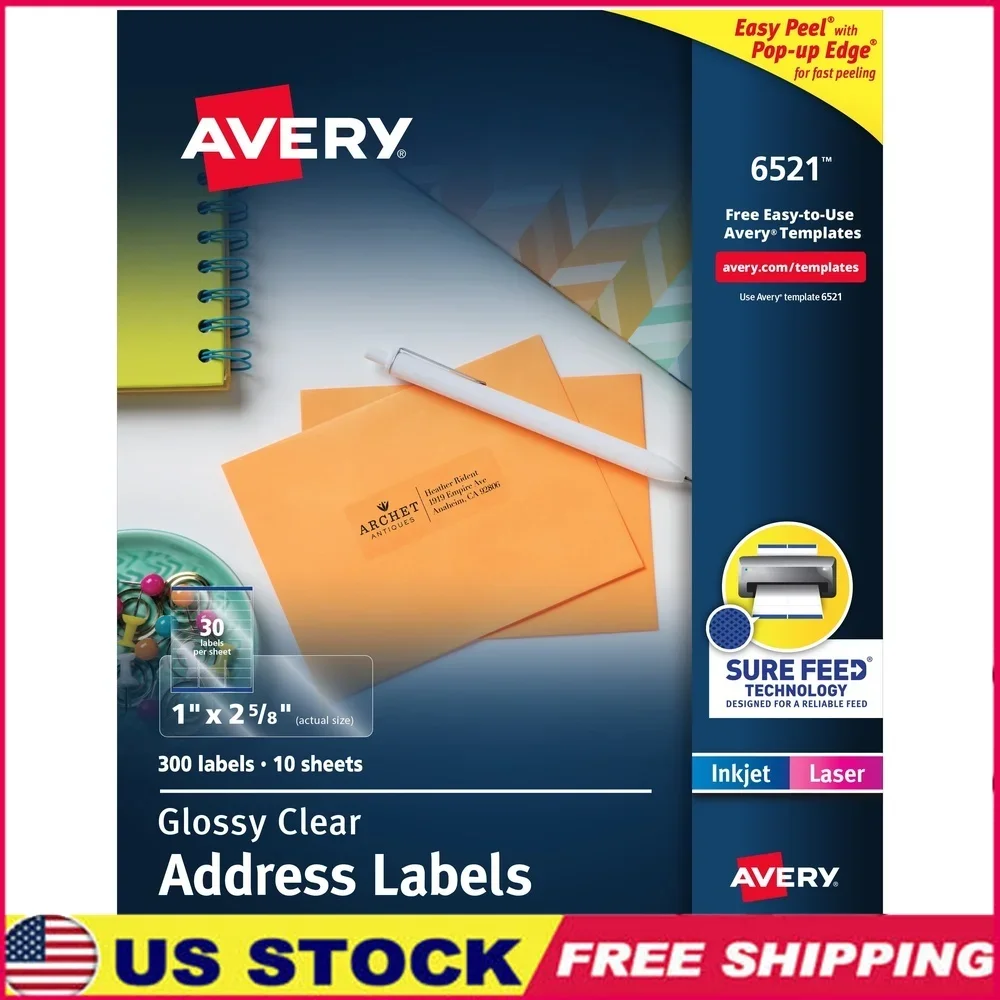 광택 있는 투명 주소 라벨 1x2-5/8 300ct 간편한 필 레이저 잉크젯 프린터 맞춤형 내구성 접착제 완벽한 다중